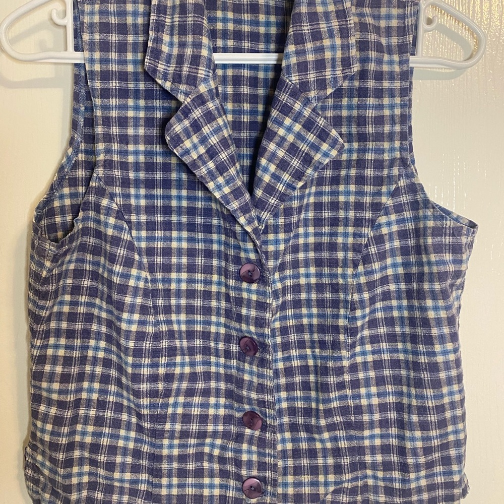 Plaid Sleeveless Button-Up Top - Blue